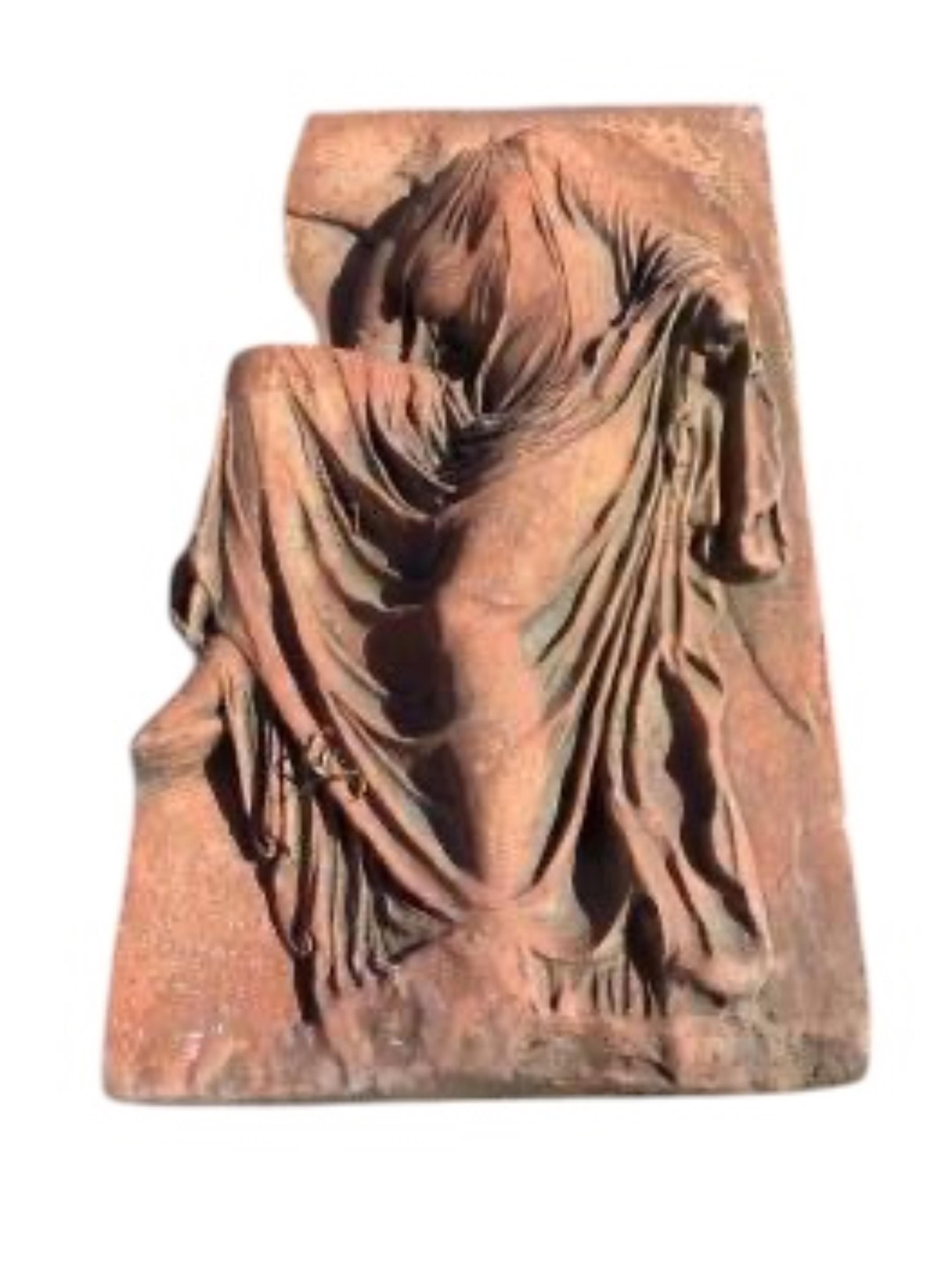 Five cast stone and terracotta garden wall plaques, largest diameter 41cm